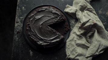 Rich chocolate cake decorated with creamy frosting on a rustic wooden table photo