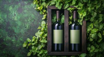 Bottles of oil nestled among fresh mint leaves on a textured green background photo
