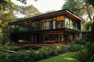 Modern architectural design of a forest retreat at dusk with abundant greenery surrounding photo