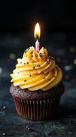 Celebrate with a bright cupcake topped with frosting and a candle for special occasions photo