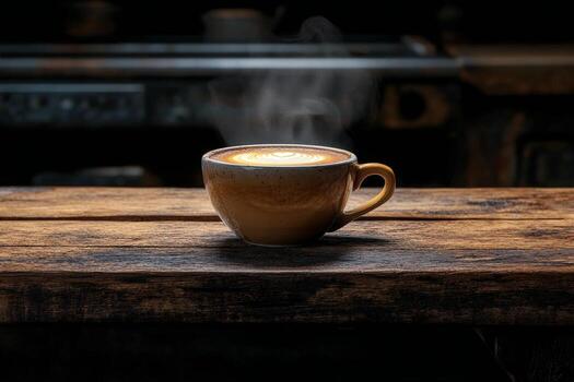 Warm cup of coffee emits steam in a dark setting with soft light highlighting the surface photo