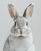 Cute gray rabbit with long ears posing against a plain background photo