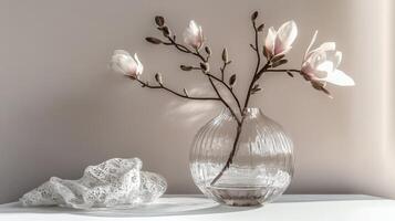 Delicate magnolia flowers in glass vase on a soft surface with gentle sunlight casting shadows photo