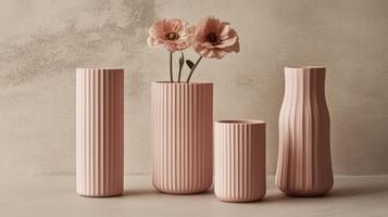 Elegant pink vases with floral arrangement on a minimalist shelf in modern interior design photo