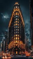 Historic building illuminated at night in a bustling city photo