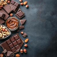 Delicious assortment of dark chocolate, nuts, and creamy spread on dark surface photo