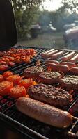 Grilling burgers and sausages with vegetables at an outdoor barbecue gathering photo