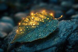 Water droplets glisten on a green leaf in serene close-up during early morning light photo