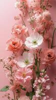 Bright pink floral arrangement showcasing various blooms in a soft pink background setting photo