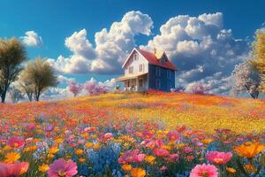 Colorful spring field with a charming house in a picturesque valley photo
