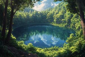 Tranquil lagoon surrounded by lush forest in early morning light photo