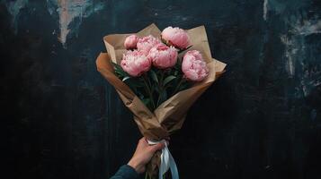 Beautiful bouquet of pink peonies wrapped elegantly held by a person in soft light setting photo
