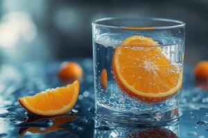 Refreshing citrus drink with orange slices in clear sparkling water on a reflective surface photo