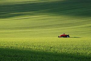 Lawn mower resting in a lush green field under soft morning light photo