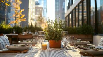 Elegant dining table setup for a special gathering with greenery and light accents photo