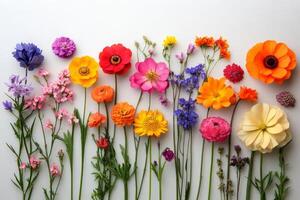 Colorful array of fresh flowers arranged neatly on a white background photo