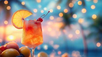Refreshing cocktail with fruit garnish at sunset beach bar during a summer evening gathering photo