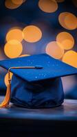 Graduation cap on wooden table with blurred background showcasing autumn colors photo