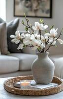 Elegant flower arrangement in a modern living room setting with cozy decor details photo