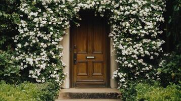 Charming entryway adorned with white flowers and lush greenery in a serene outdoor setting photo