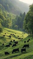 Cattle grazing peacefully in a lush valley surrounded by trees during early morning light photo