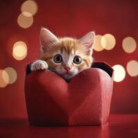 Cute orange kitten in a heart-shaped box with soft glowing lights during festive celebration photo