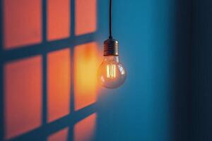 Unique light bulb casting shadows on a colorful wall in a modern interior setting photo