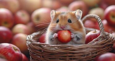 Adorable hamster holding a fresh apple surrounded by autumn apples in a cozy setting photo