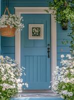 Charming blue door surrounded by white daisies and a wicker basket in a serene garden setting photo