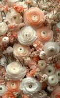 Beautiful arrangement of soft peach and white flowers in a delicate floral display photo