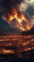 Wildfires rage across mountains, transforming landscape with fire and smoke at sunset photo