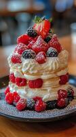 Delicious cake topped with fresh raspberries and blackberries ready for dessert photo