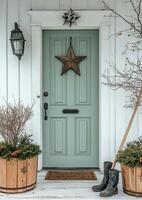 Charming front door with rustic decor and seasonal accents in a countryside setting photo