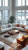 Cozy modern living room with large windows in a serene setting during golden hour photo