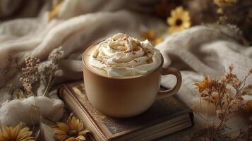 Warm coffee with whipped cream on a rustic book in a cozy autumn setting photo
