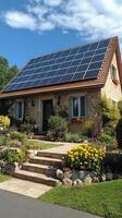 Beautiful stone house with solar panels and vibrant flower garden in sunny weather photo