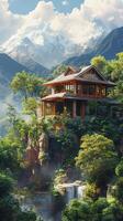 Modern dwelling nestled among lush mountains during golden hour photo