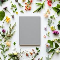 Beautiful arrangement of fresh flowers surrounding a blank card on a light background photo