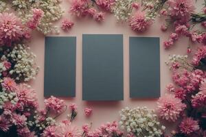 Delicate cherry blossoms and white flowers arranged in a circular frame on a soft blue background photo