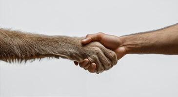 Connection between human and dog through a gentle handshake in a calming setting photo