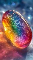Colorful crystal with rainbow sparkles resting on a vivid background photo