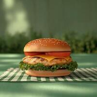 Grilled chicken sandwich with lettuce and tomato on checkered tablecloth in natural setting photo