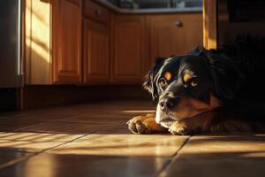 Relaxing dog in cozy kitchen with wooden cabinets and tiled floor photo