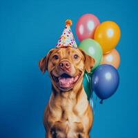 Happy dog celebrating a birthday with colorful balloons against a bright blue background photo