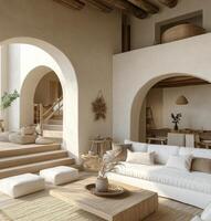 Modern minimalist interior design in a spacious living area featuring natural elements photo