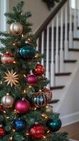 Cozy holiday living room with a decorated Christmas tree and festive decorations in a rustic setting photo