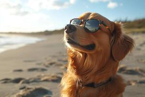 Golden retriever wearing sunglasses enjoys a sunny day at the beach by the water photo