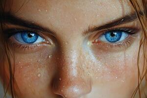 Captivating close-up of a young woman with striking blue eyes and freckles glowing under natural light photo