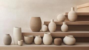 Decorative ceramic vases arranged on wooden steps with dried plants photo
