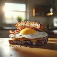 Delicious breakfast sandwich with egg, bacon, and herbs on toasted bread photo